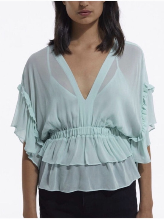 The Kooples Tops - The Kooples Sheer Ruffle V-Neck Blouse in Mint Green
